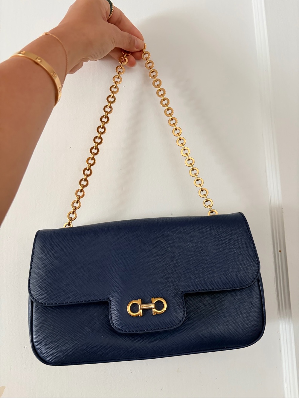 Salvatore Ferragamo Navy Leather Shoulder Bag with Gold Chain